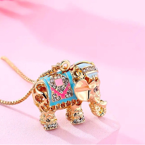 Gold-Plated Elephant Charm Necklace Symbol Strength Wisdom Rhinestone Multicolor - Picture 5 of 7